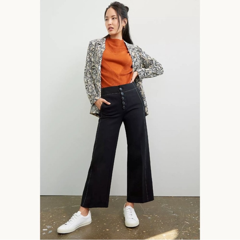 Anthropologie Hailee Ponte Wide-Leg Crop Pant Button Fly Black Size 6